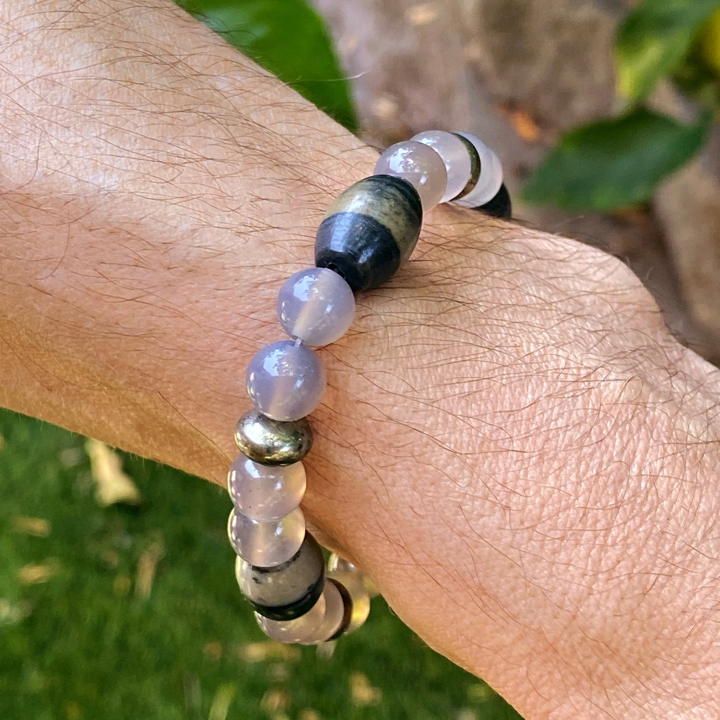 Grey agate, pyrite,  opal, stretch bracelet