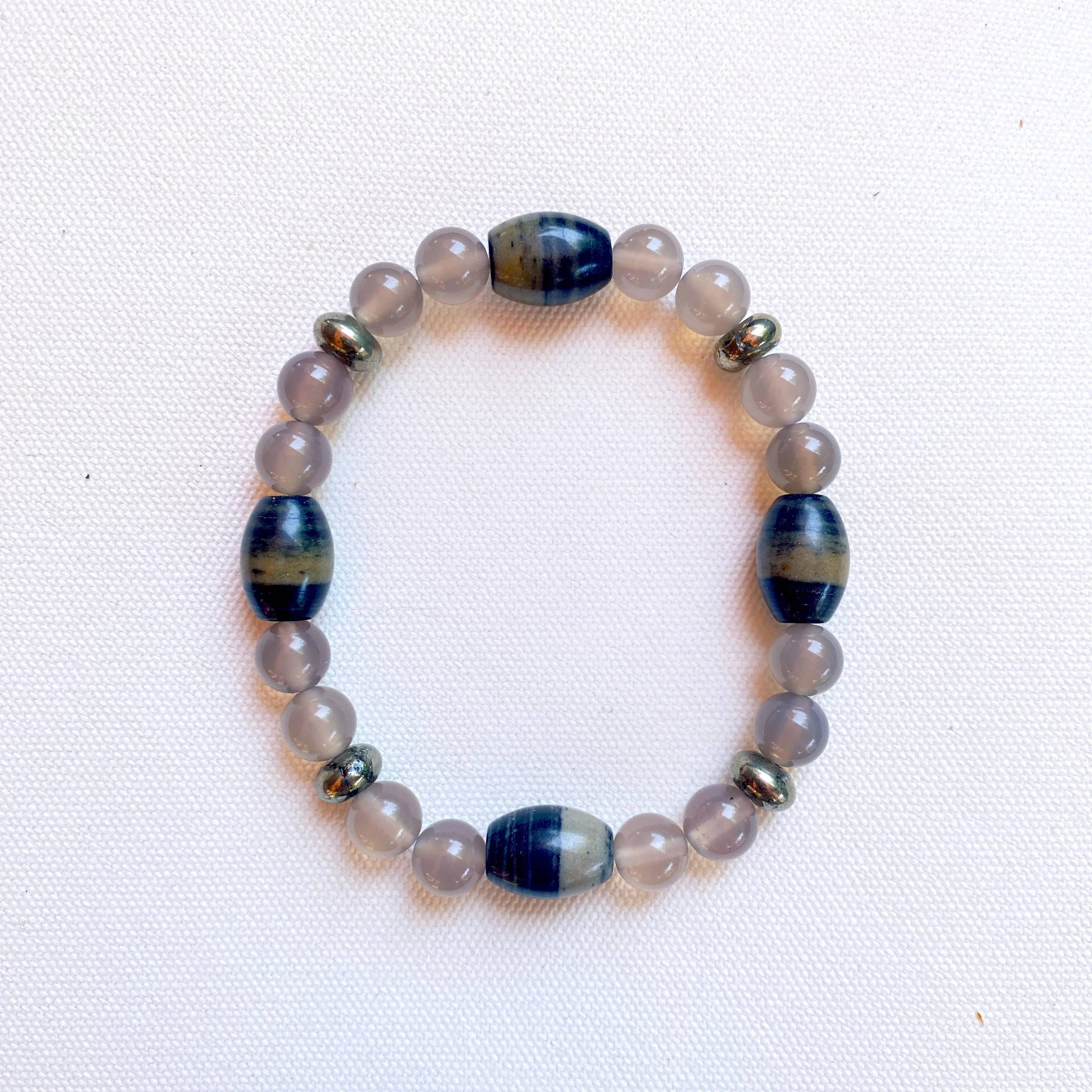 Grey agate, pyrite,  opal, stretch bracelet