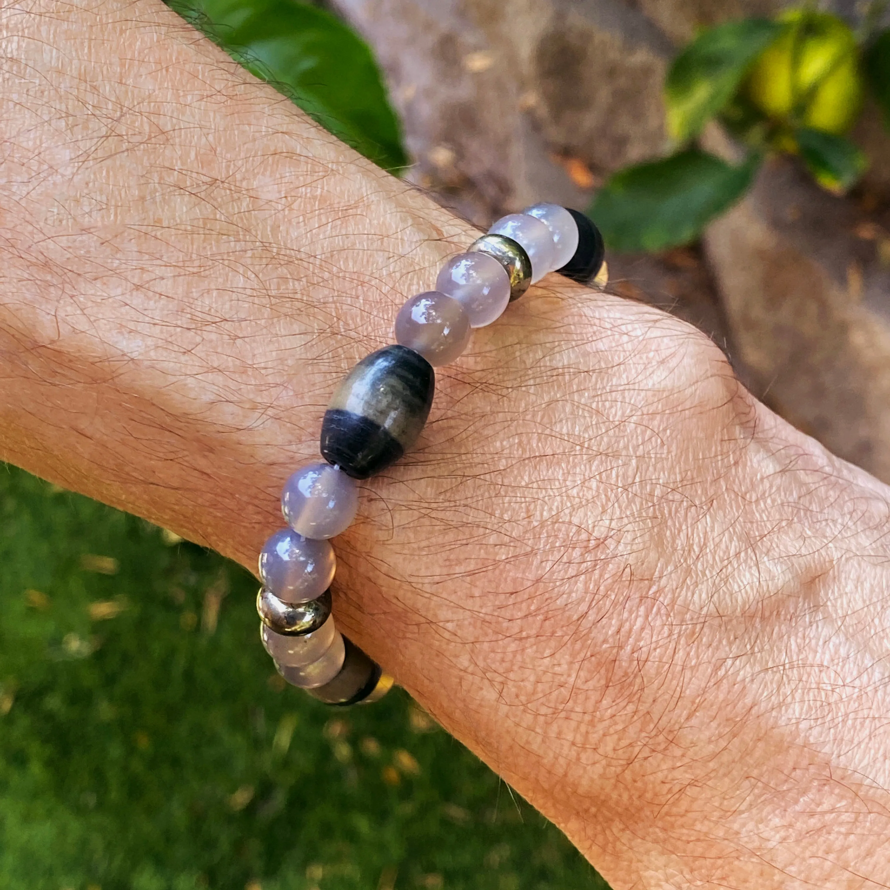 Grey agate, pyrite,  opal, stretch bracelet