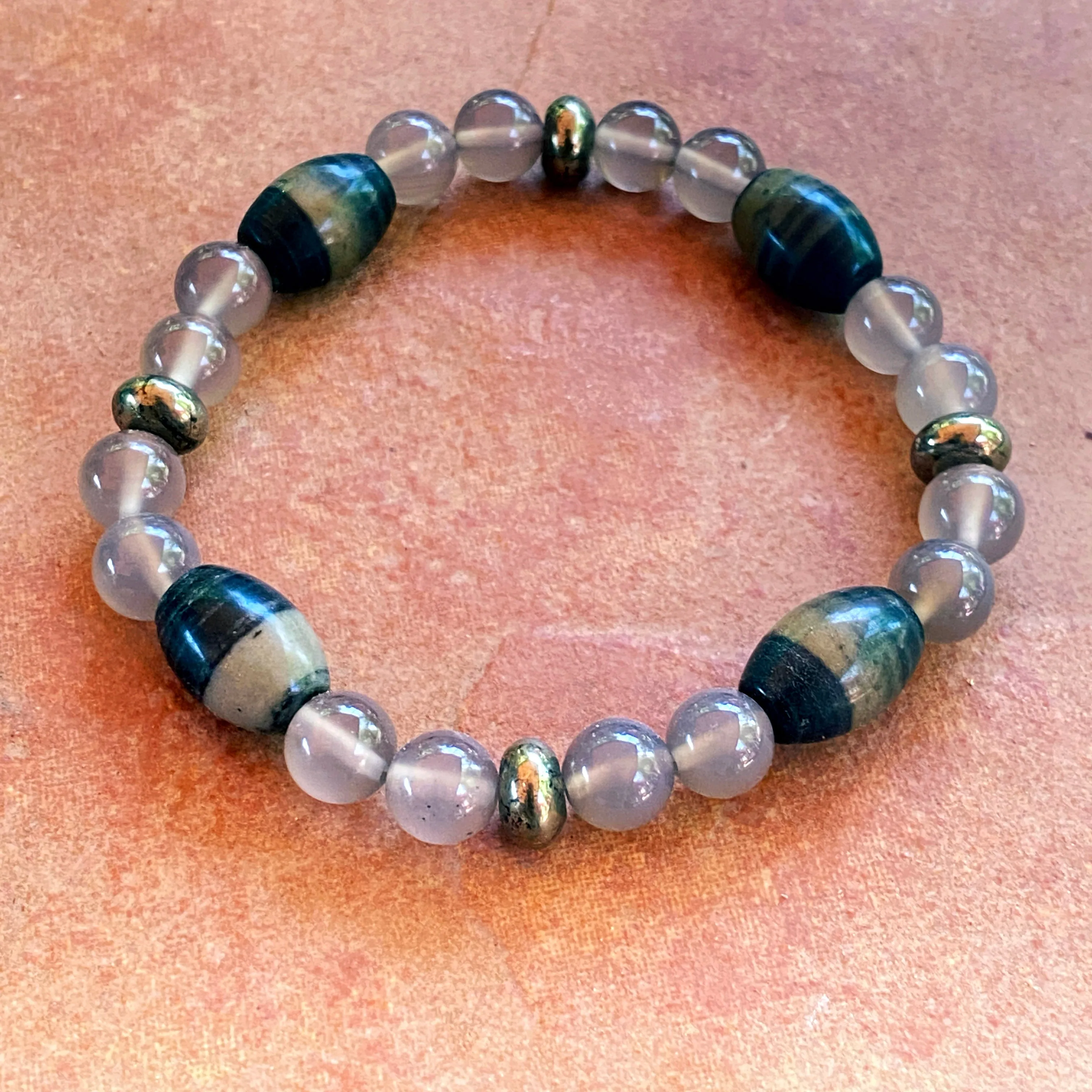 Grey agate, pyrite,  opal, stretch bracelet