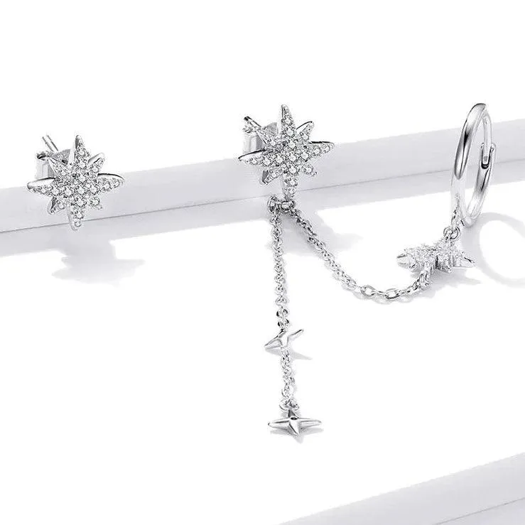 GZ233 - 925 Sterling Silver Asymmetric Star Drop Stud Earring Charm Jewelry