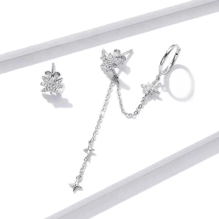 GZ233 - 925 Sterling Silver Asymmetric Star Drop Stud Earring Charm Jewelry