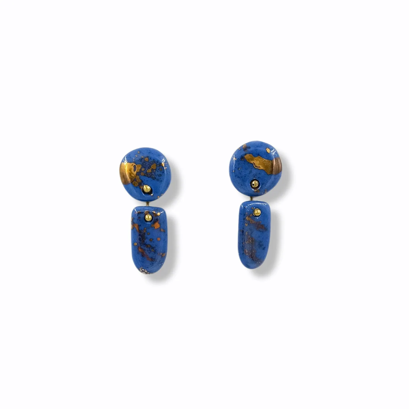 Handmade Stud earrings in Blue Porcelain "Abstract gold"