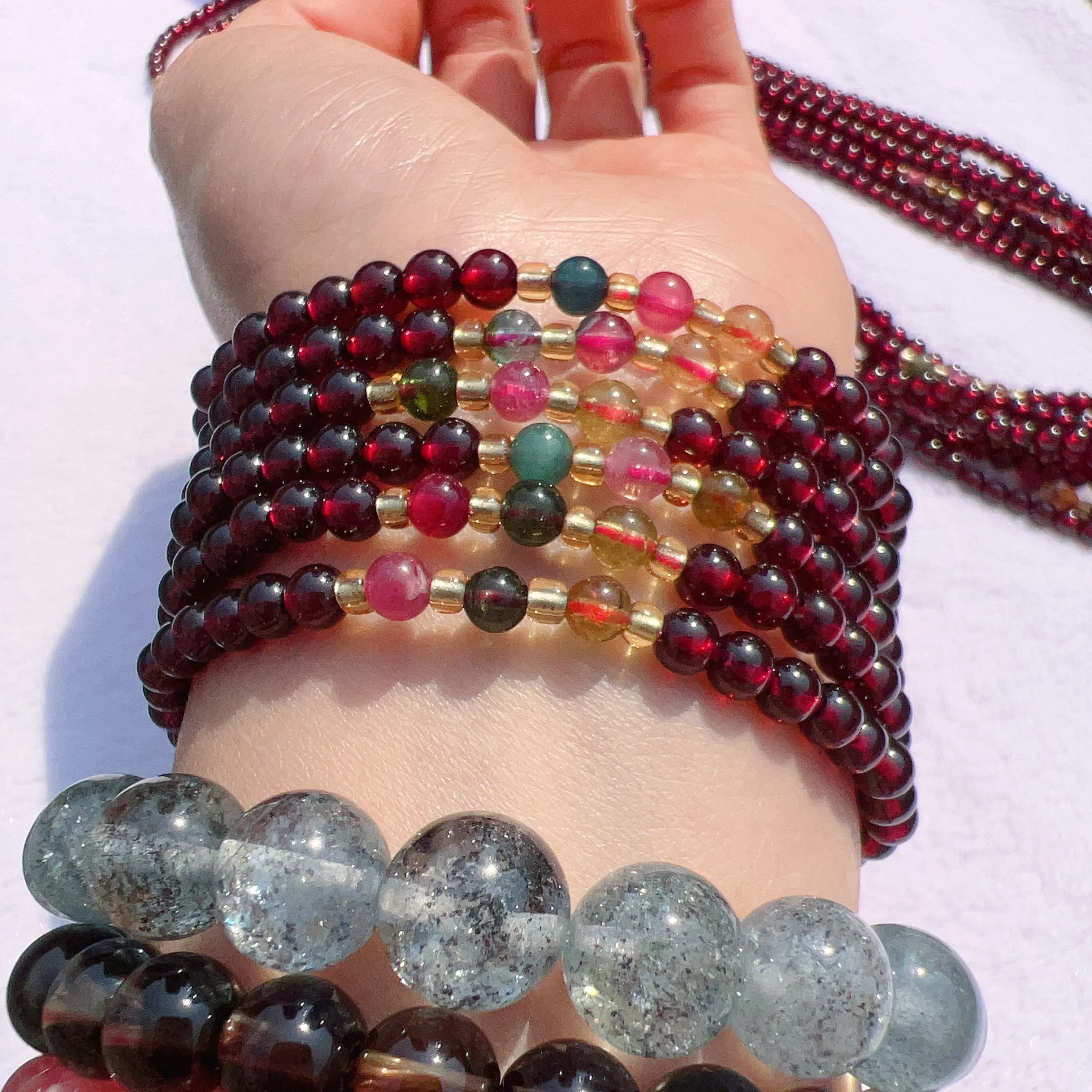 High-quality Natural Red Garnet Rainbow Tourmaline 3-Wraps Bracelets Customized Jewelry Wholesale