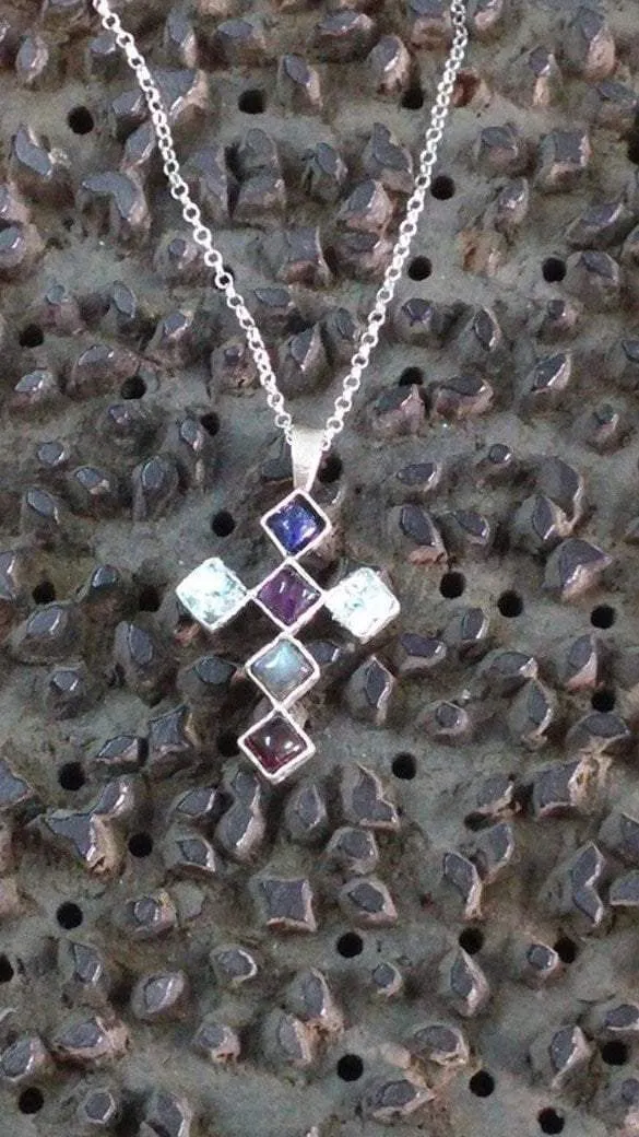 Holy land cross, Sterling Silver cross , roman glass set with lapis, amethysts, Labradorite, Garnet