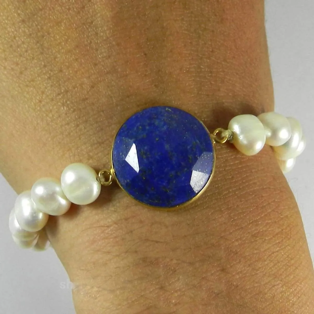 Lapis Lazuli and Pearl Smooth Beads Silver Stretchable Bracelet Jewelry