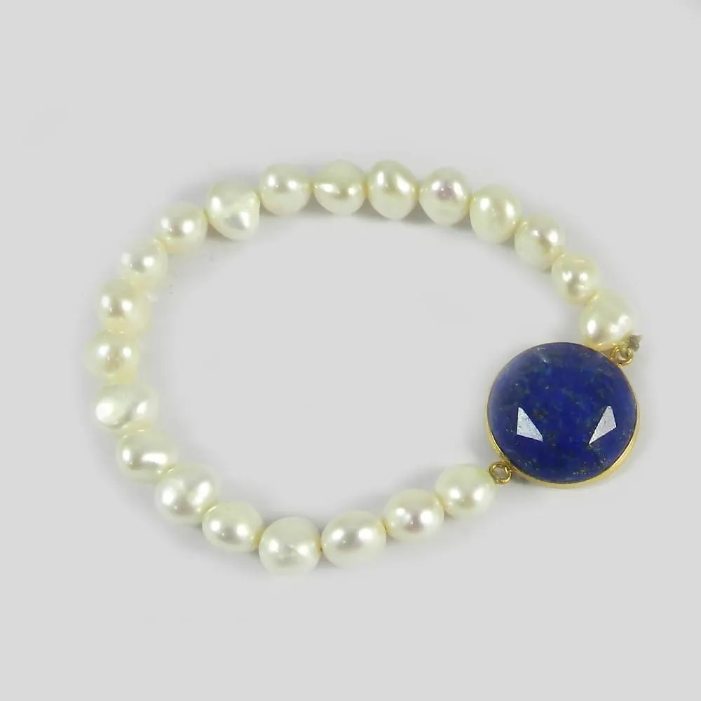 Lapis Lazuli and Pearl Smooth Beads Silver Stretchable Bracelet Jewelry