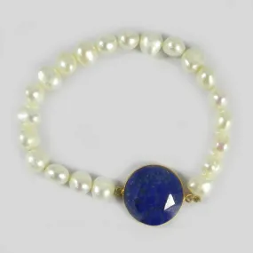 Lapis Lazuli and Pearl Smooth Beads Silver Stretchable Bracelet Jewelry