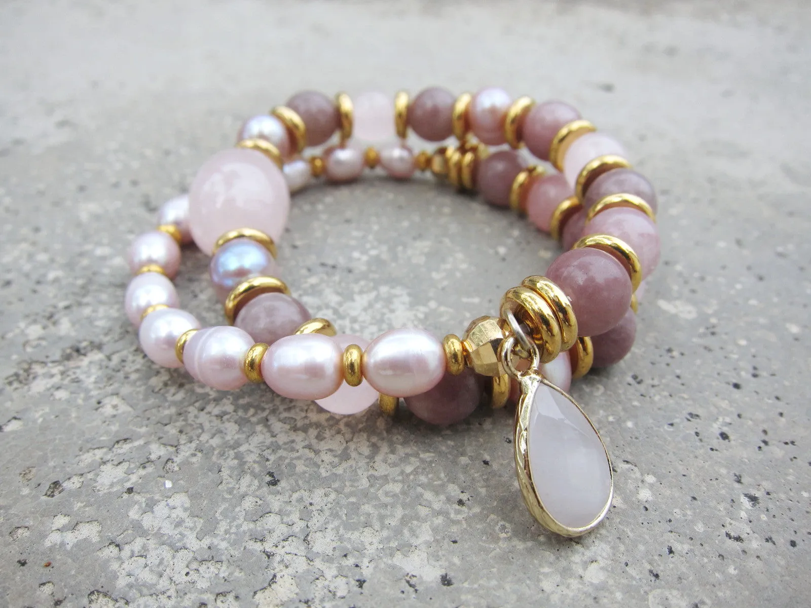 Lepidolite, Pink Freshwater Pearl Energy Wrist Mala Bracelet - 27 Bead Mala Bracelet