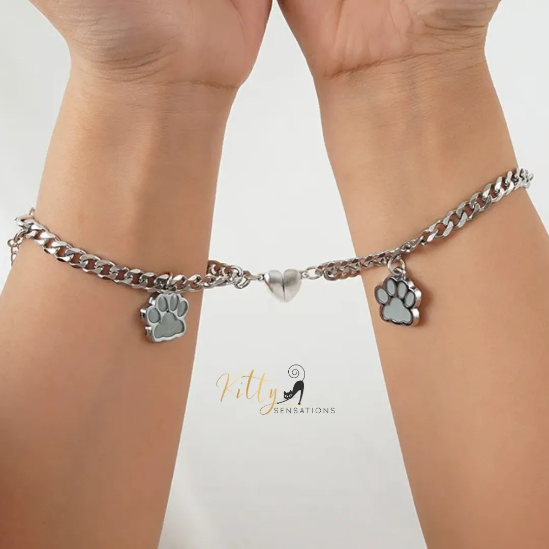 Magnetic Heart, Glow-In-The-Dark, Cat Paw, Couple/Friends Bracelet Set (Au Pair) - 925 Silver Plated - Adjustable Size