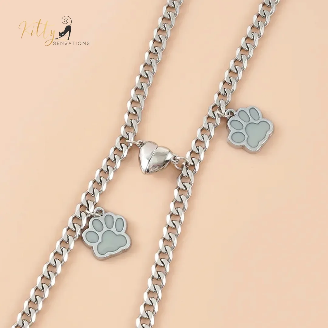 Magnetic Heart, Glow-In-The-Dark, Cat Paw, Couple/Friends Bracelet Set (Au Pair) - 925 Silver Plated - Adjustable Size