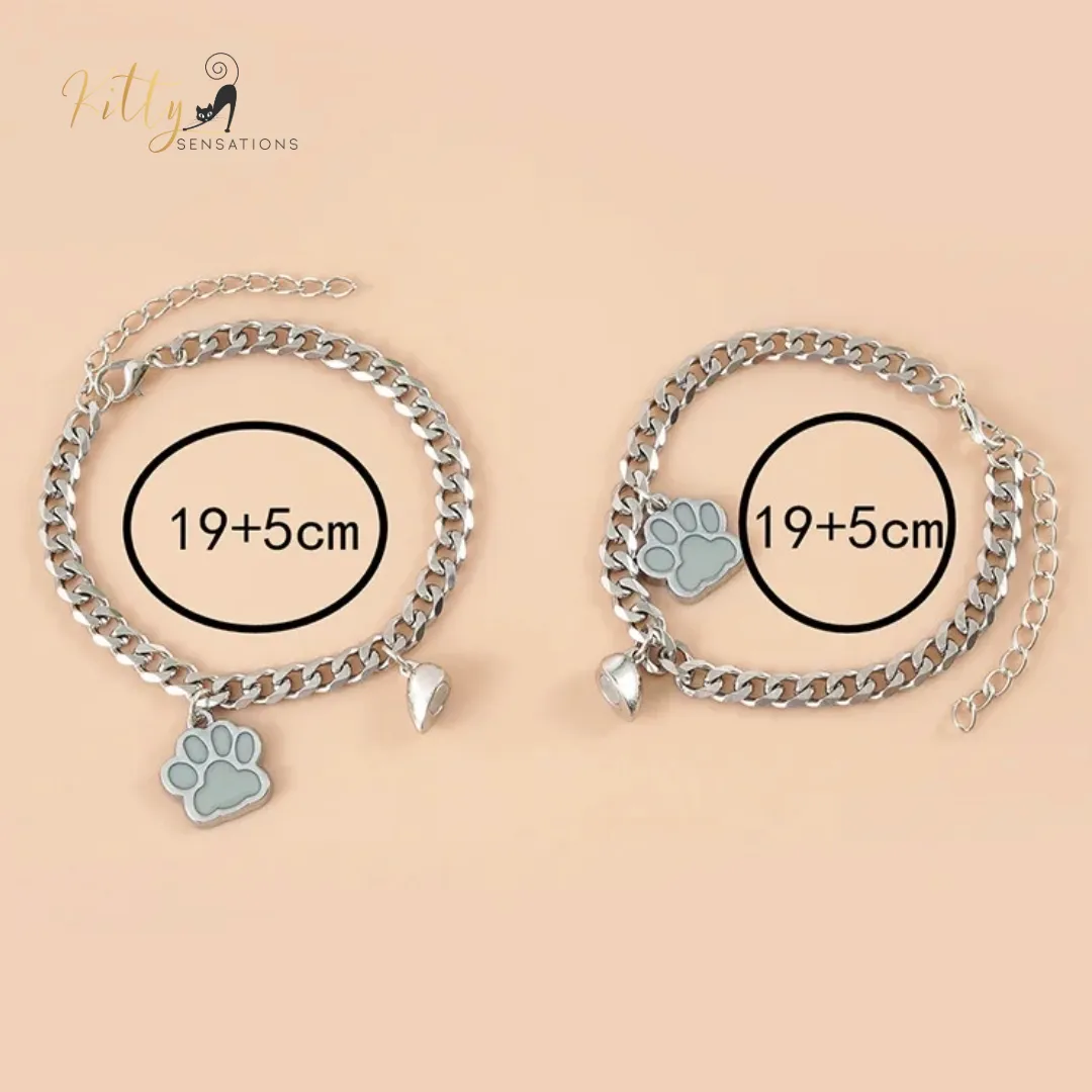 Magnetic Heart, Glow-In-The-Dark, Cat Paw, Couple/Friends Bracelet Set (Au Pair) - 925 Silver Plated - Adjustable Size