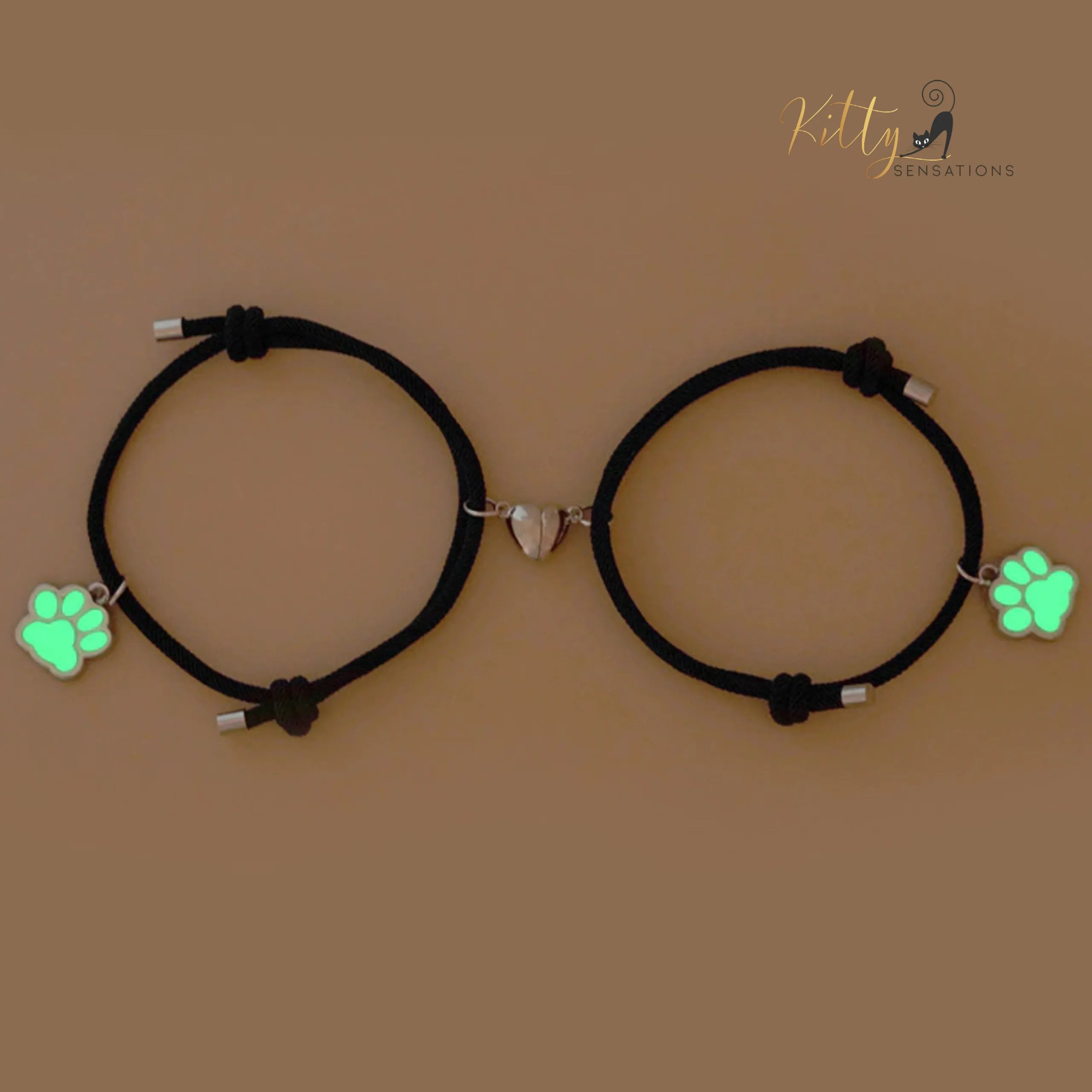 Magnetic Heart, Glow-In-The-Dark, Cat Paw, Couple/Friends Bracelet Set (Au Pair) - 925 Silver Plated - Adjustable Size