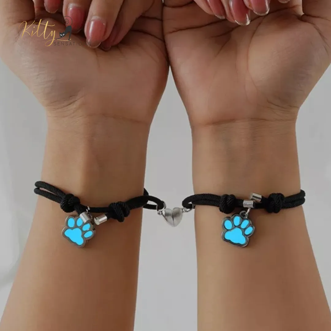 Magnetic Heart, Glow-In-The-Dark, Cat Paw, Couple/Friends Bracelet Set (Au Pair) - 925 Silver Plated - Adjustable Size