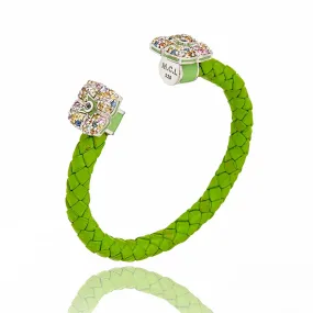 MCL Design White Rhodium Plated Sterling Bangle Bracelet With Light Kelly Green Enamel Mix Sapphire And Blue Topaz