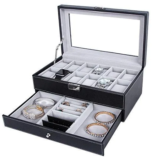 Men Watch Organizer Jewelry & Accessories Holder Display Case with Lock and Keys Black