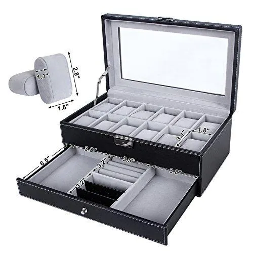 Men Watch Organizer Jewelry & Accessories Holder Display Case with Lock and Keys Black