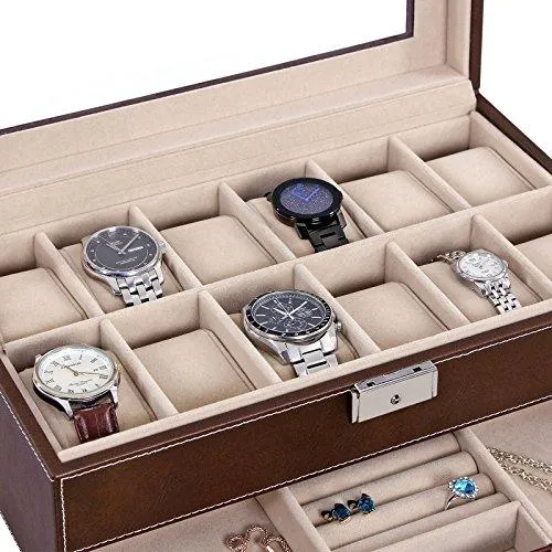 Men Watch Organizer Jewelry & Accessories Holder Display Case with Lock and Keys Black