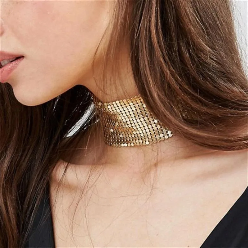 Metallic Netted Chain Adjustable Wide Choker Necklace