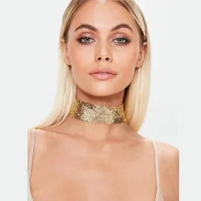 Metallic Netted Chain Adjustable Wide Choker Necklace