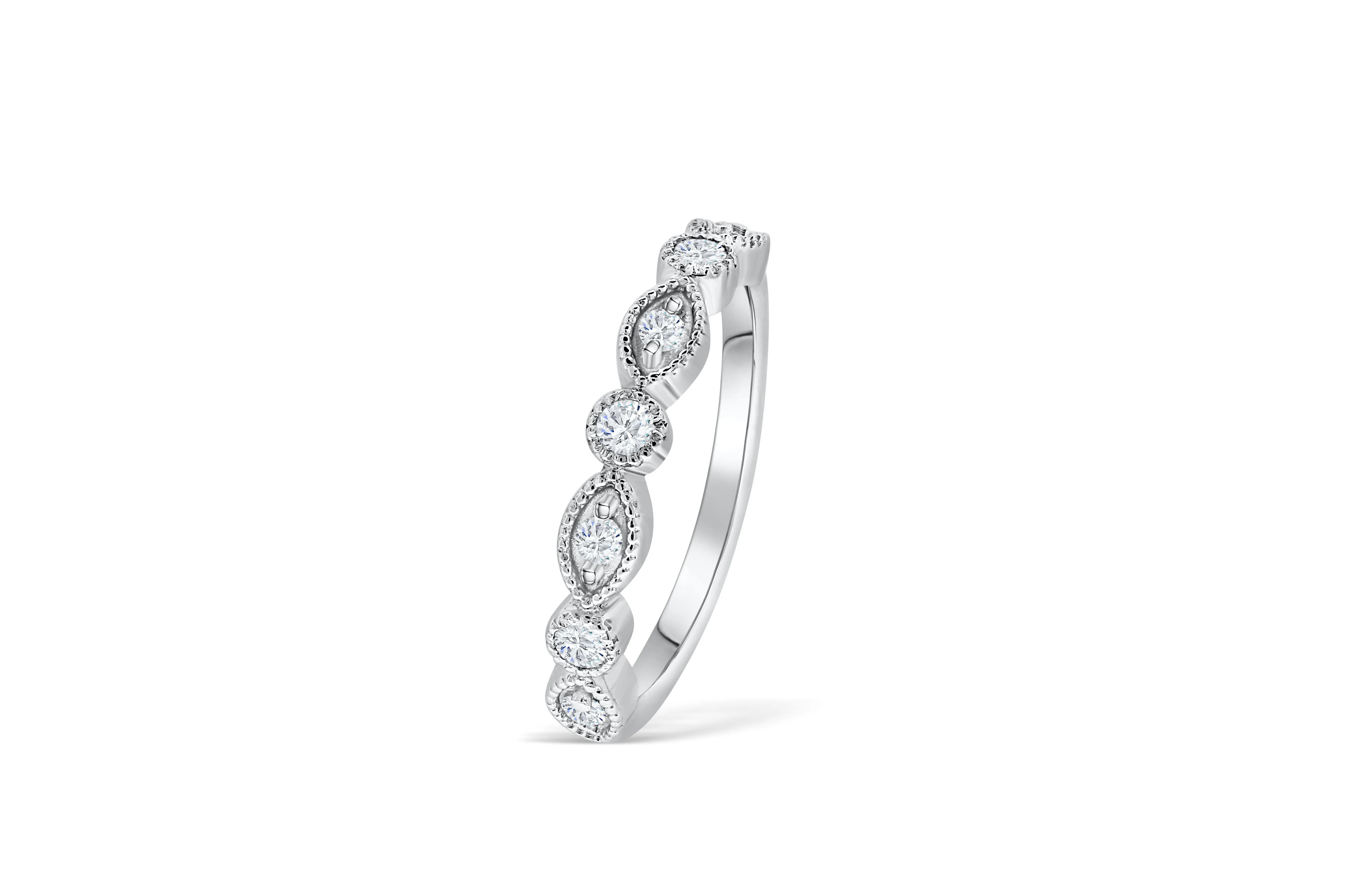 Milgrain Diamond Marquise and Round Beaded Bezel Wedding Band 0.29 ct tw Round-cut 14K White Gold BAN004