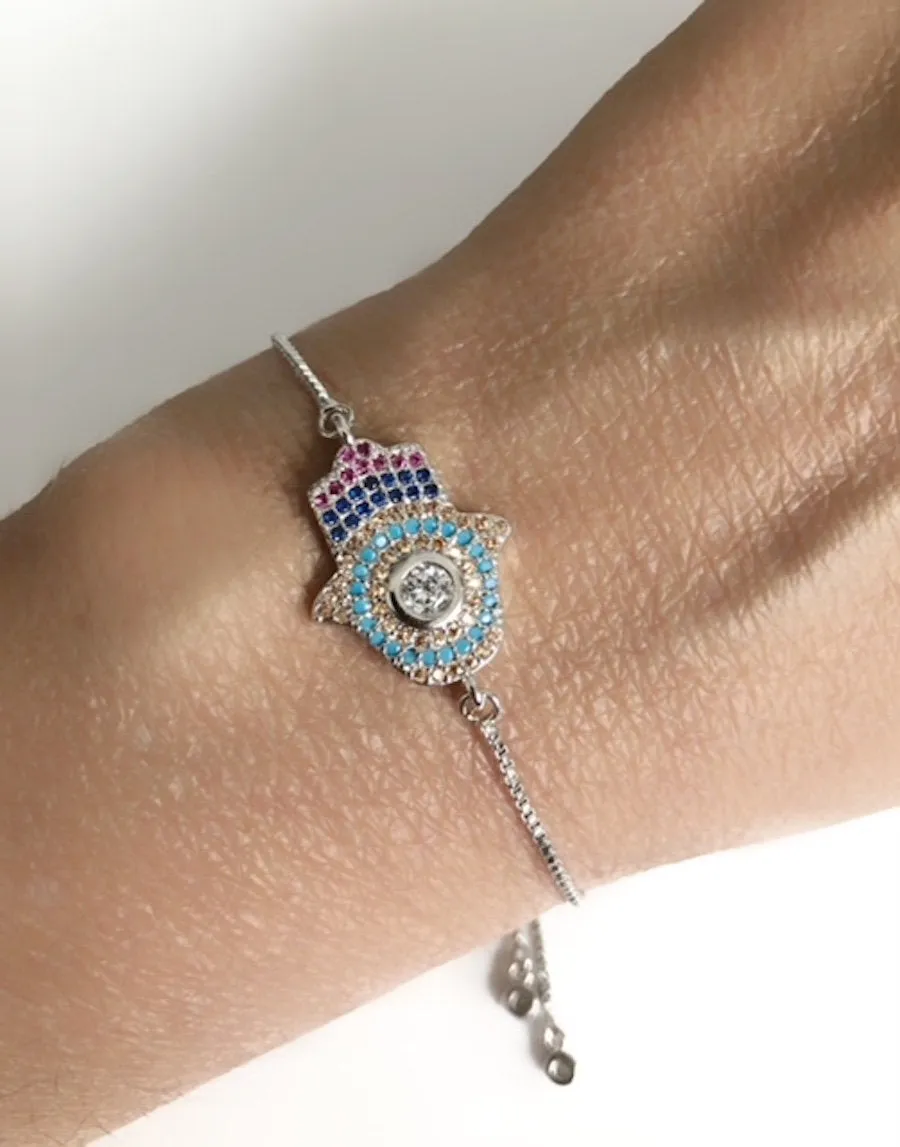 Modern Silver Plated Hamsa Bracelet Sliding Adjustable Clasp