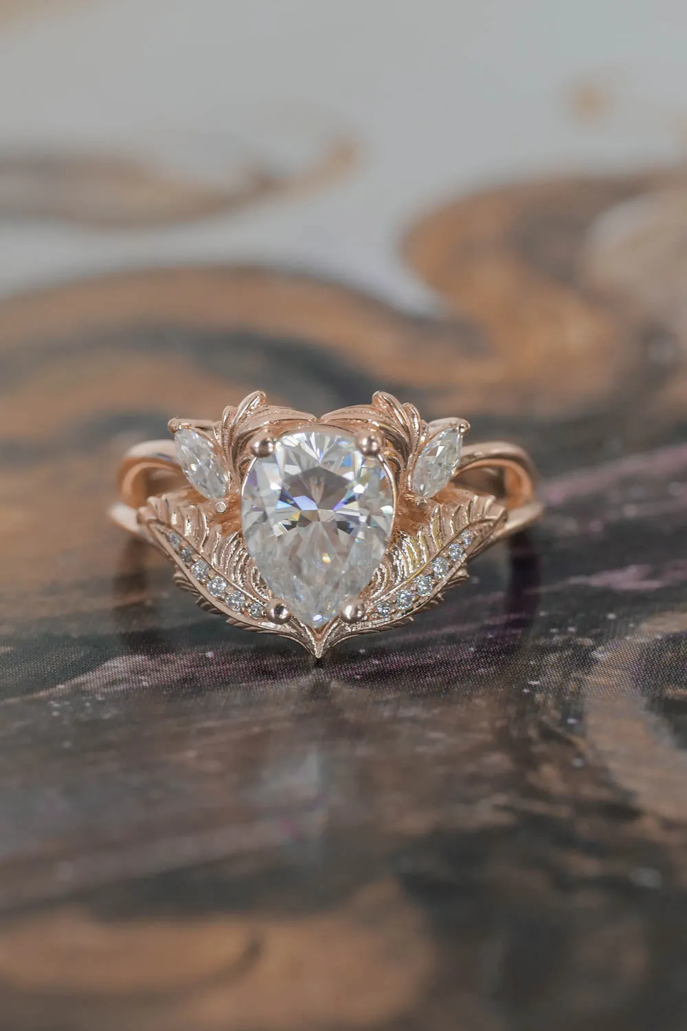 Moissanite rose gold engagement ring, pear cut / Adonis