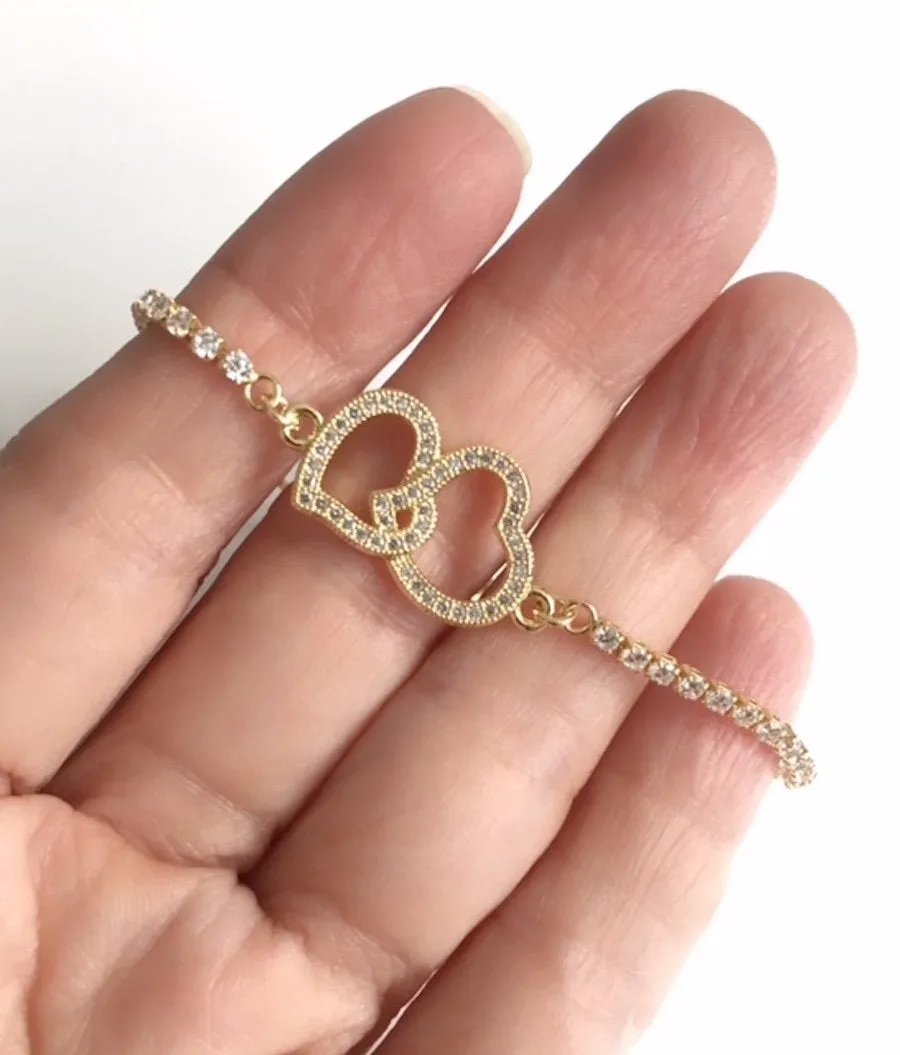 Mother and Daughter Bracelet, Double Heart Adjustable Gold Plated Bracelet, Love Heart Cubic Zirconia Charm, Infinity Symbol Heart, One Size