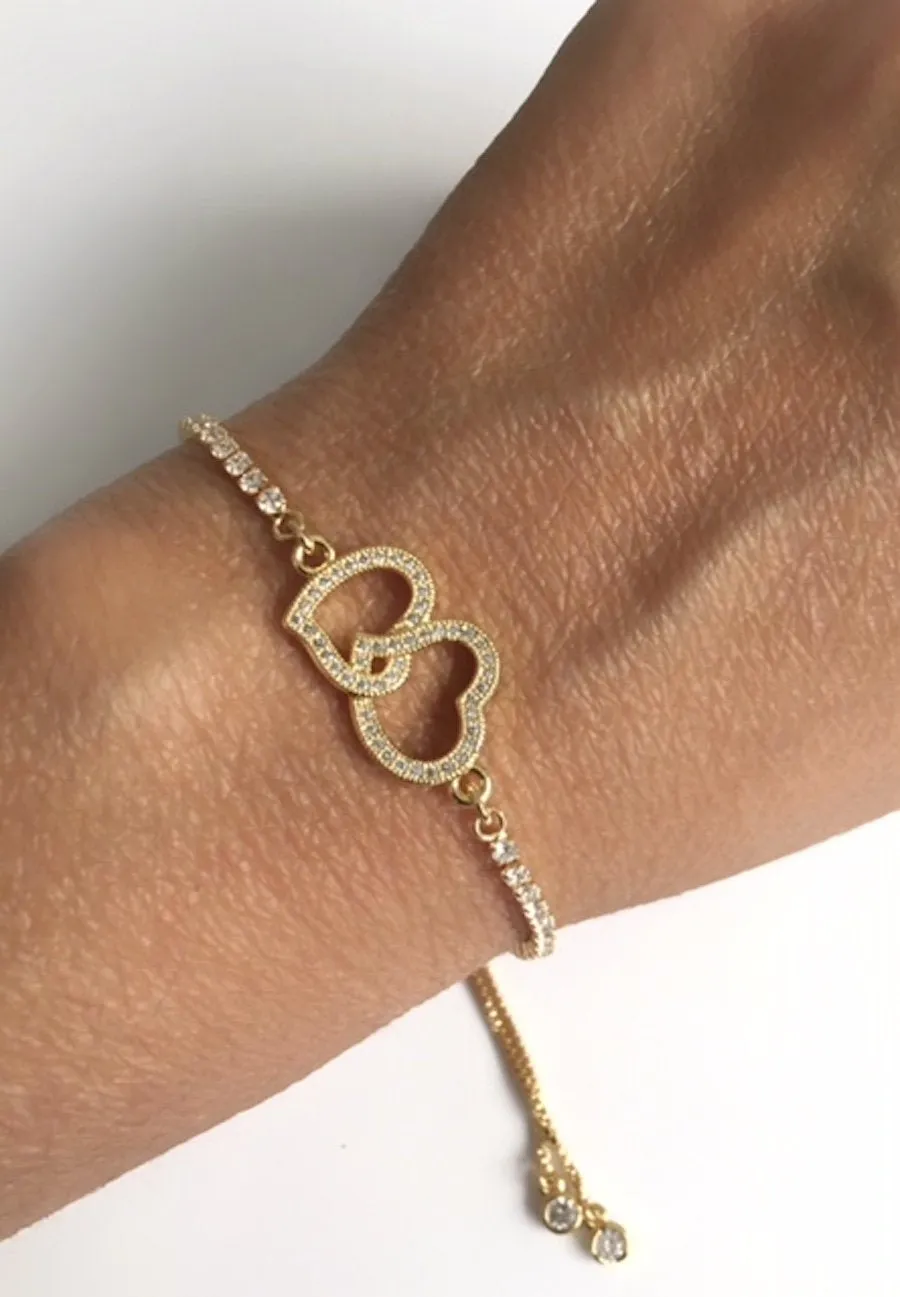 Mother and Daughter Bracelet, Double Heart Adjustable Gold Plated Bracelet, Love Heart Cubic Zirconia Charm, Infinity Symbol Heart, One Size