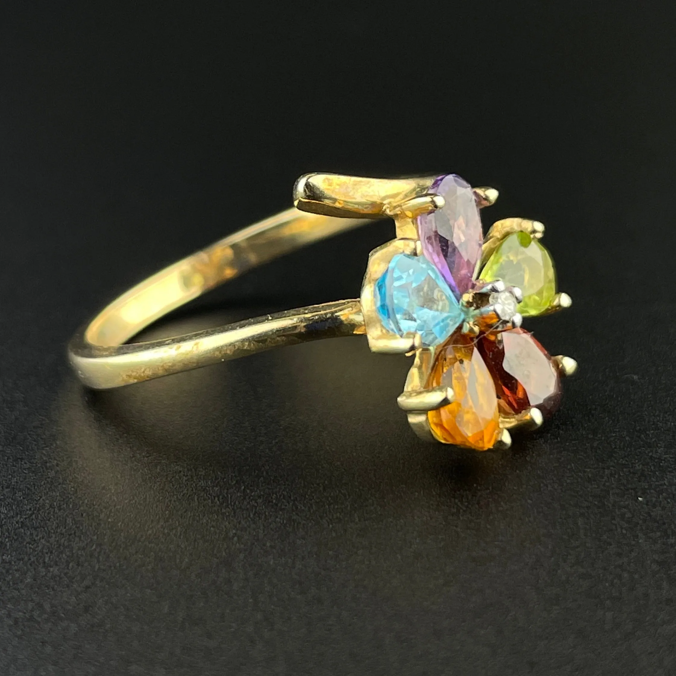 Multi Gemstone 10K Gold Harlequin Flower Ring, Sz 8 3/4