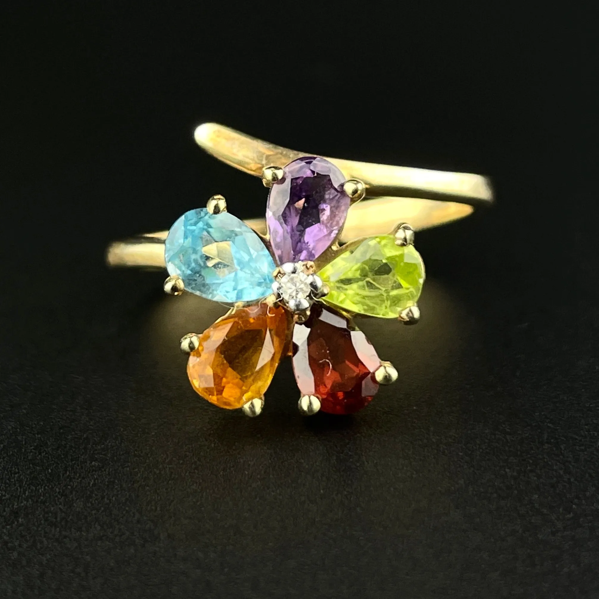 Multi Gemstone 10K Gold Harlequin Flower Ring, Sz 8 3/4