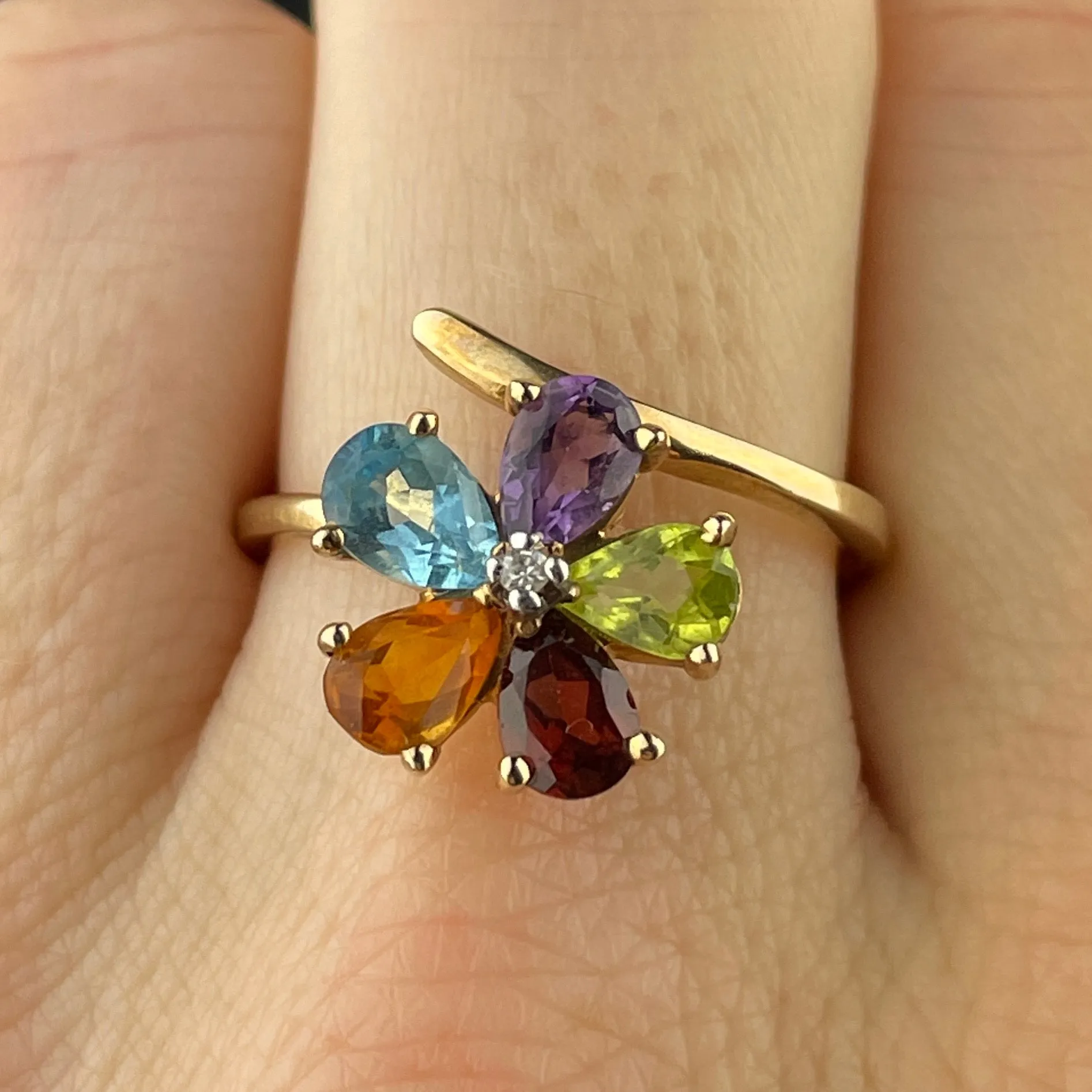 Multi Gemstone 10K Gold Harlequin Flower Ring, Sz 8 3/4