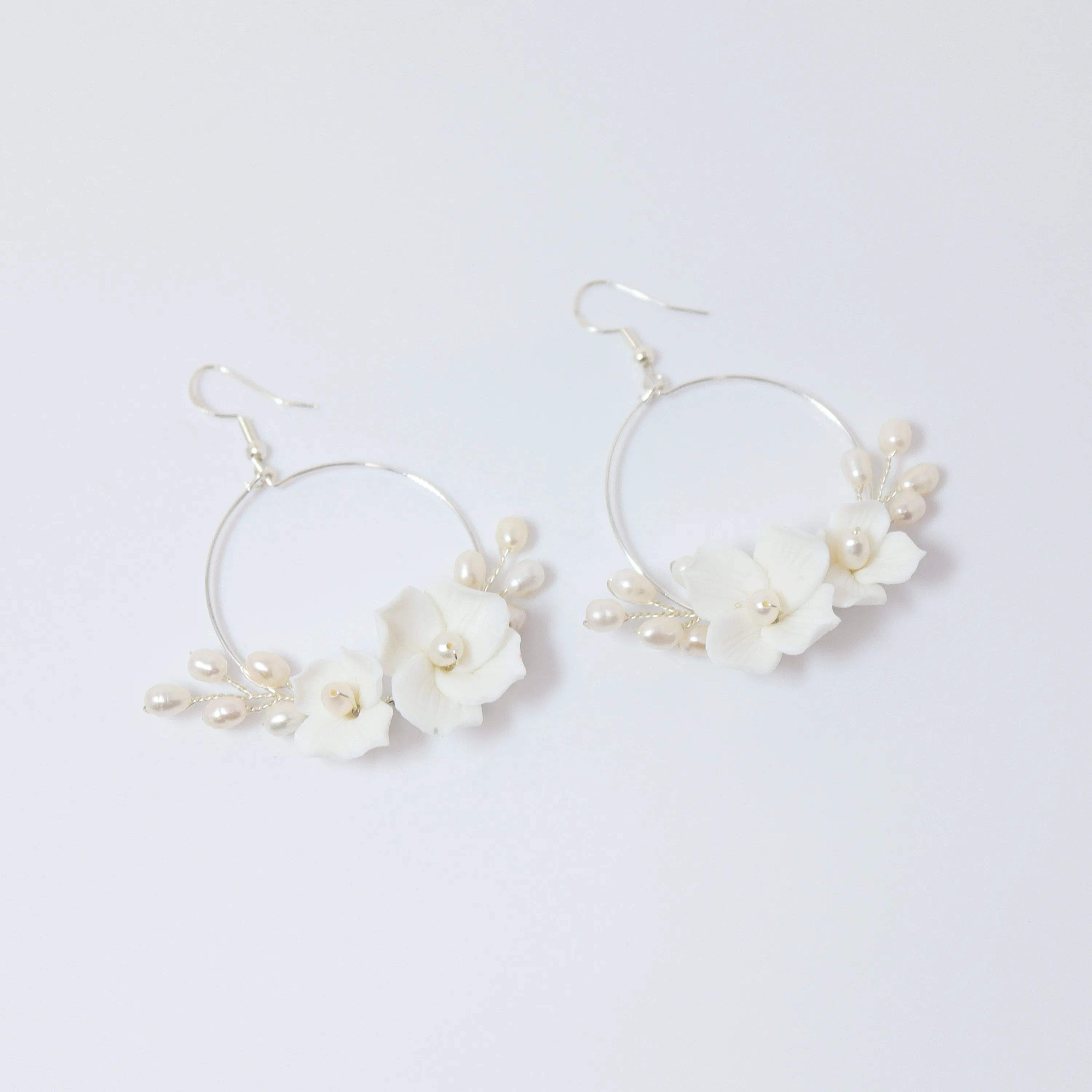 Natural Cultured Pearl Ceramic White Flower Dangle Hoop Earrings, Bridal Jewelry, Pearl Bridal Earrings, Statement DangleEarrings