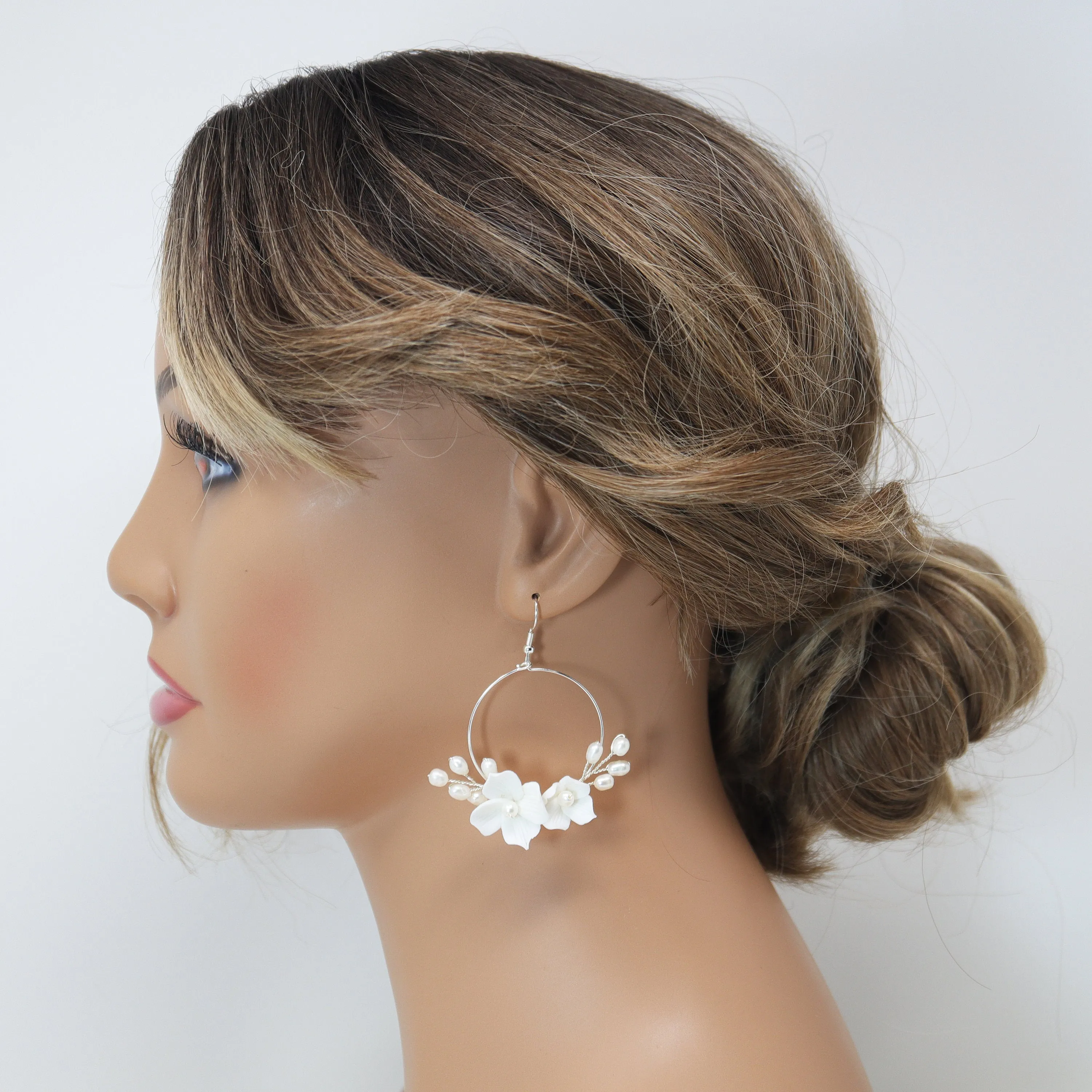 Natural Cultured Pearl Ceramic White Flower Dangle Hoop Earrings, Bridal Jewelry, Pearl Bridal Earrings, Statement DangleEarrings