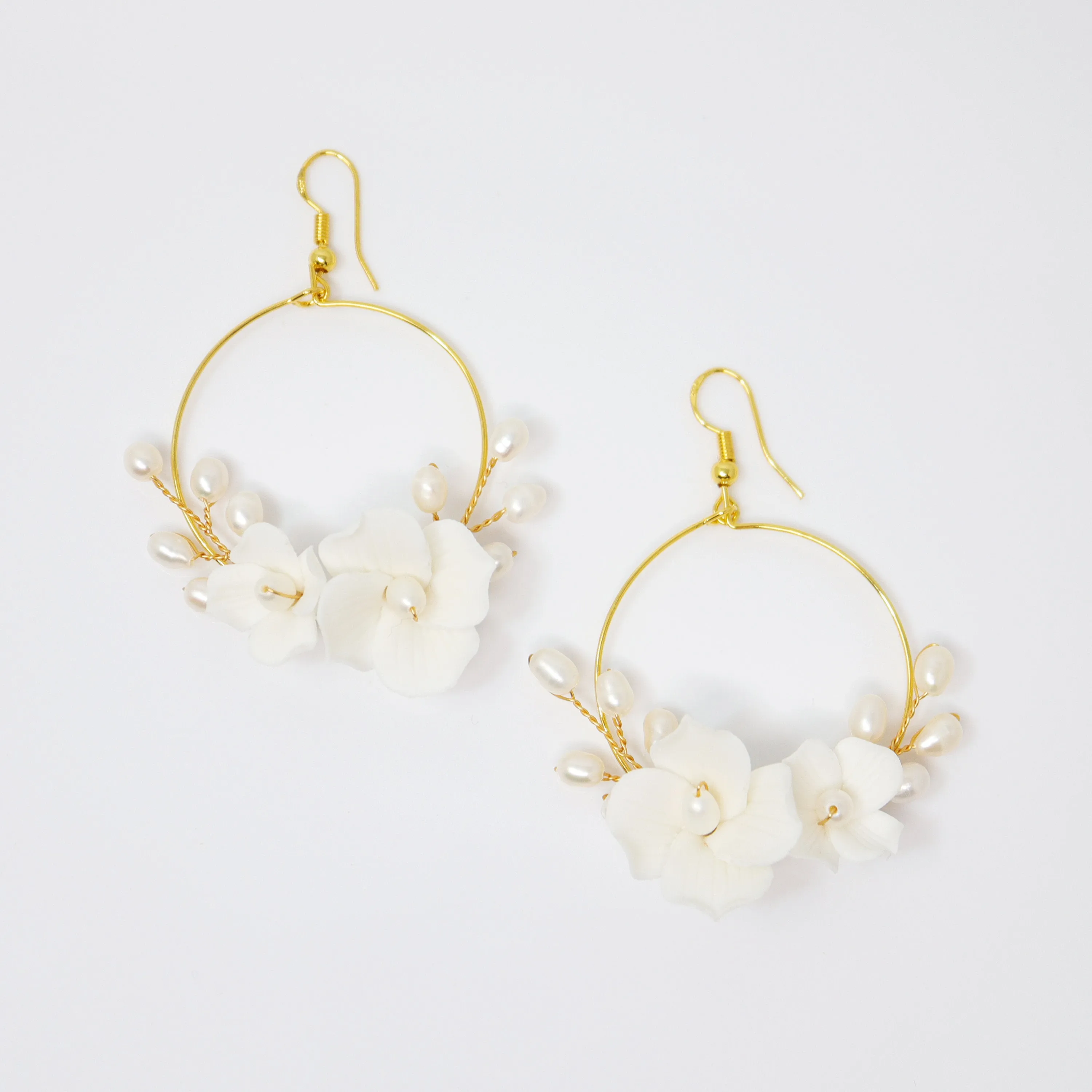 Natural Cultured Pearl Ceramic White Flower Dangle Hoop Earrings, Bridal Jewelry, Pearl Bridal Earrings, Statement DangleEarrings