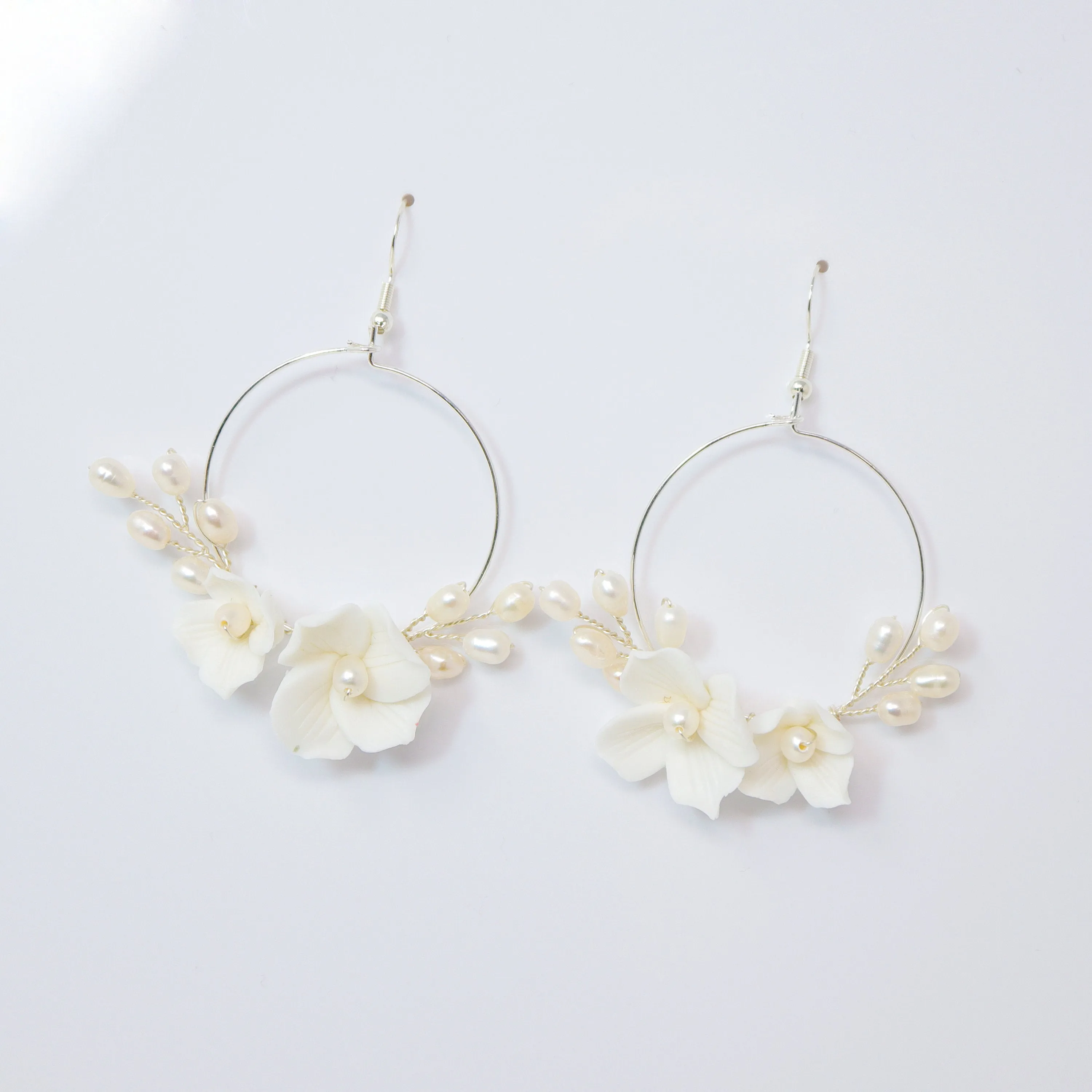 Natural Cultured Pearl Ceramic White Flower Dangle Hoop Earrings, Bridal Jewelry, Pearl Bridal Earrings, Statement DangleEarrings