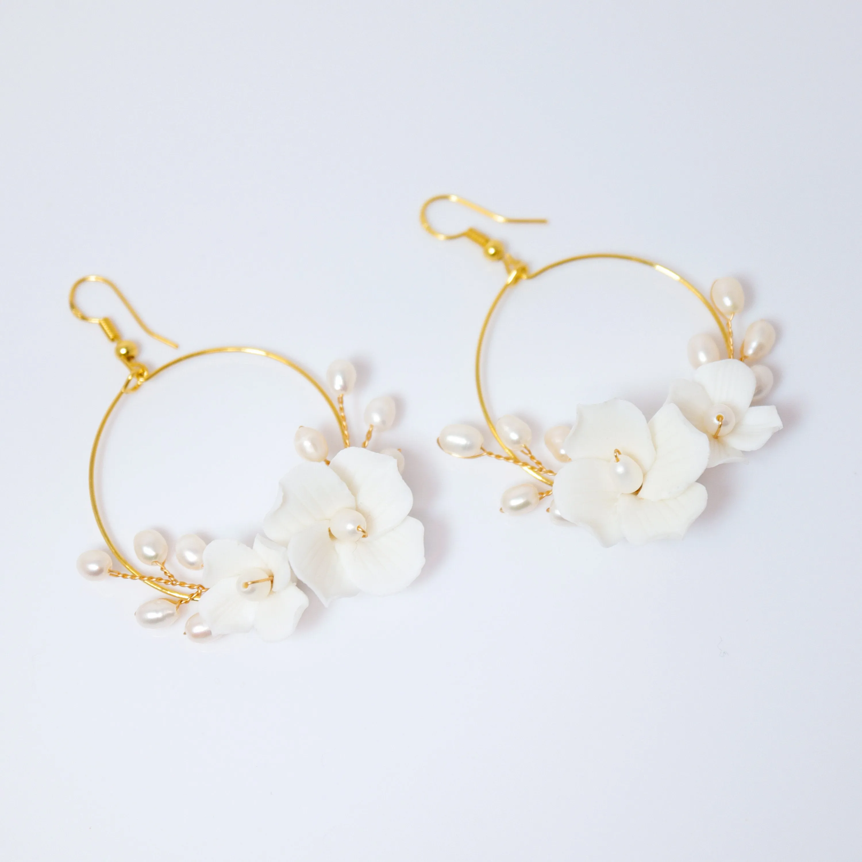 Natural Cultured Pearl Ceramic White Flower Dangle Hoop Earrings, Bridal Jewelry, Pearl Bridal Earrings, Statement DangleEarrings