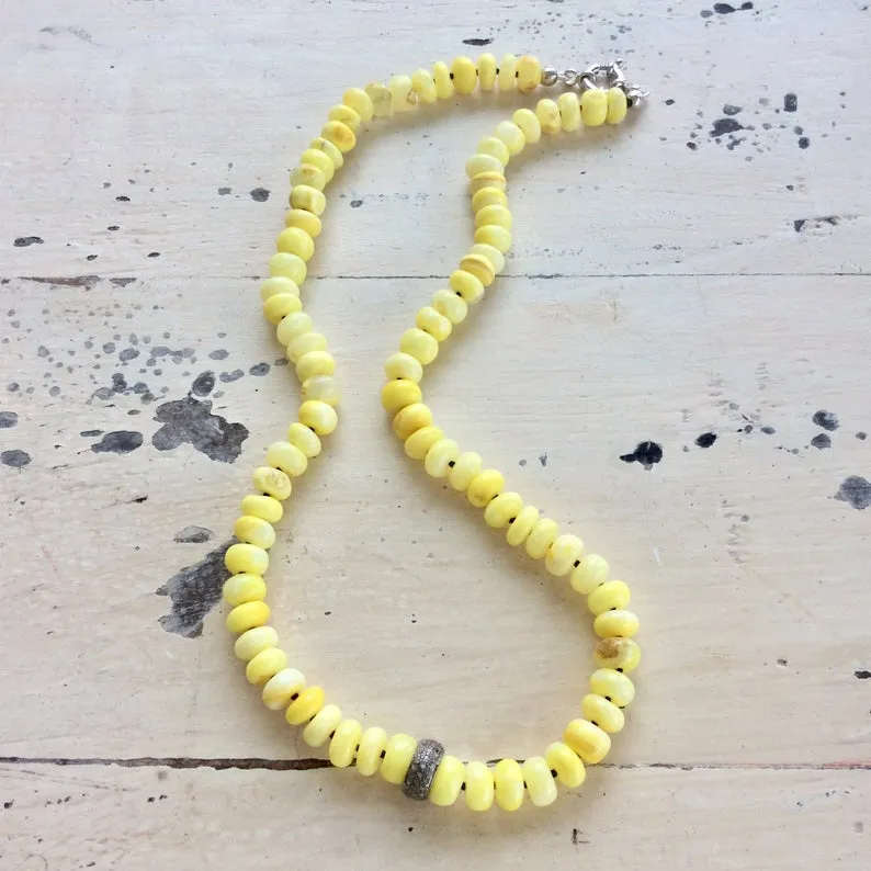 Natural Yellow Opal Beaded Necklace, Diamond Pave Necklace