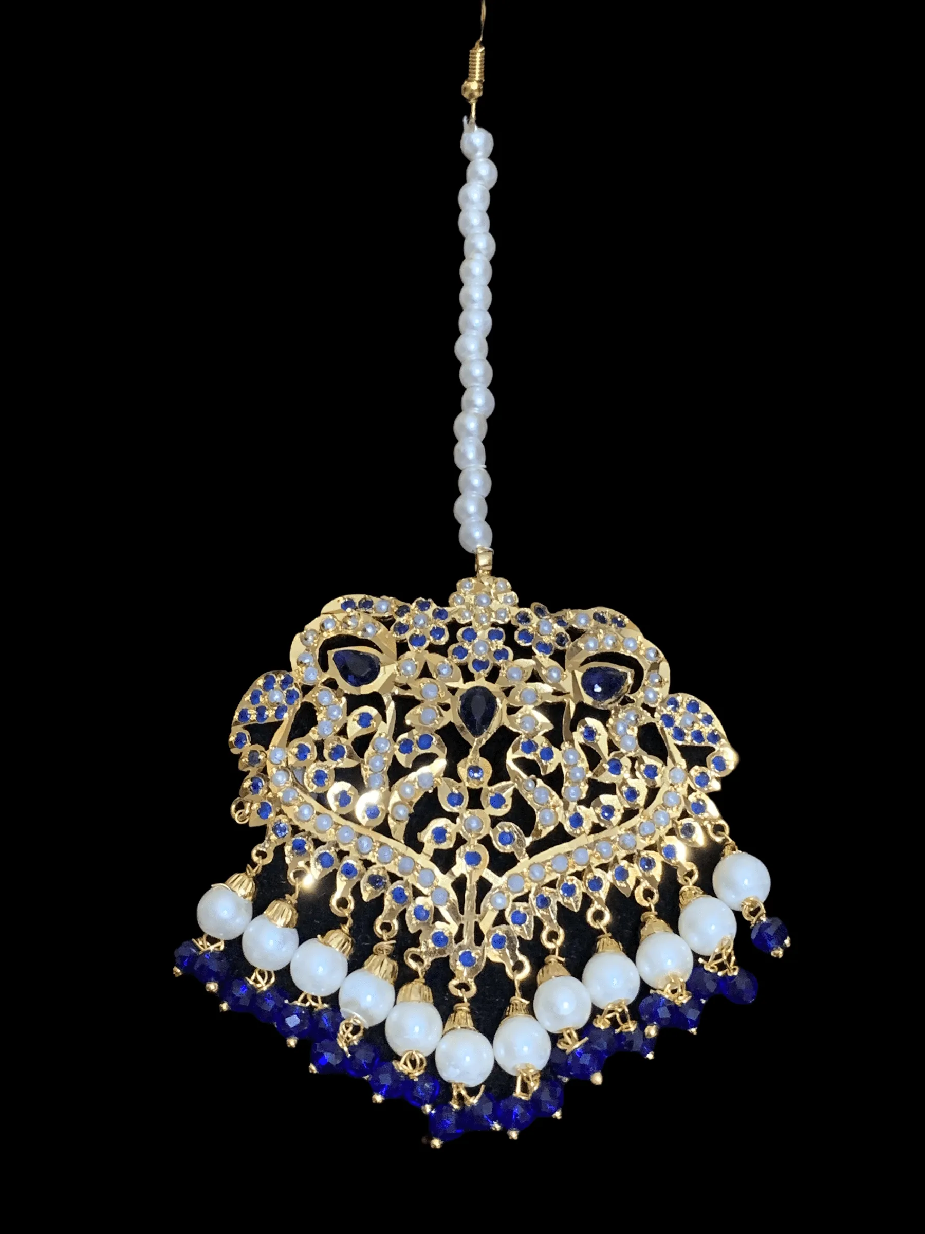 NS209  Neeli jadau pearl necklace with earrings tika in blue ( READY TO SHIP )