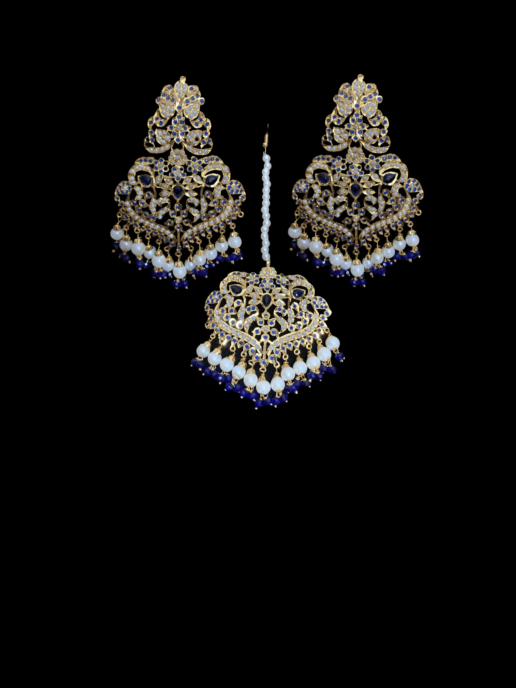 NS209  Neeli jadau pearl necklace with earrings tika in blue ( READY TO SHIP )