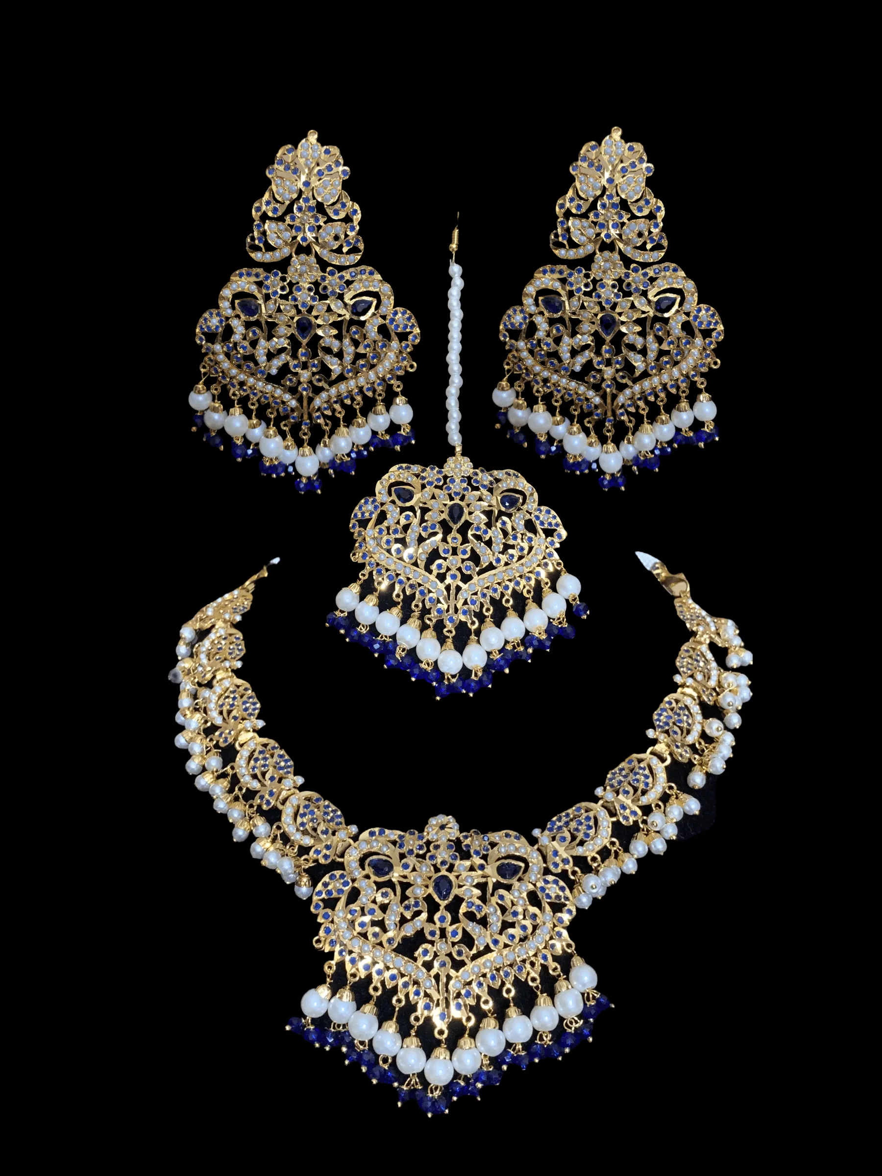 NS209  Neeli jadau pearl necklace with earrings tika in blue ( READY TO SHIP )