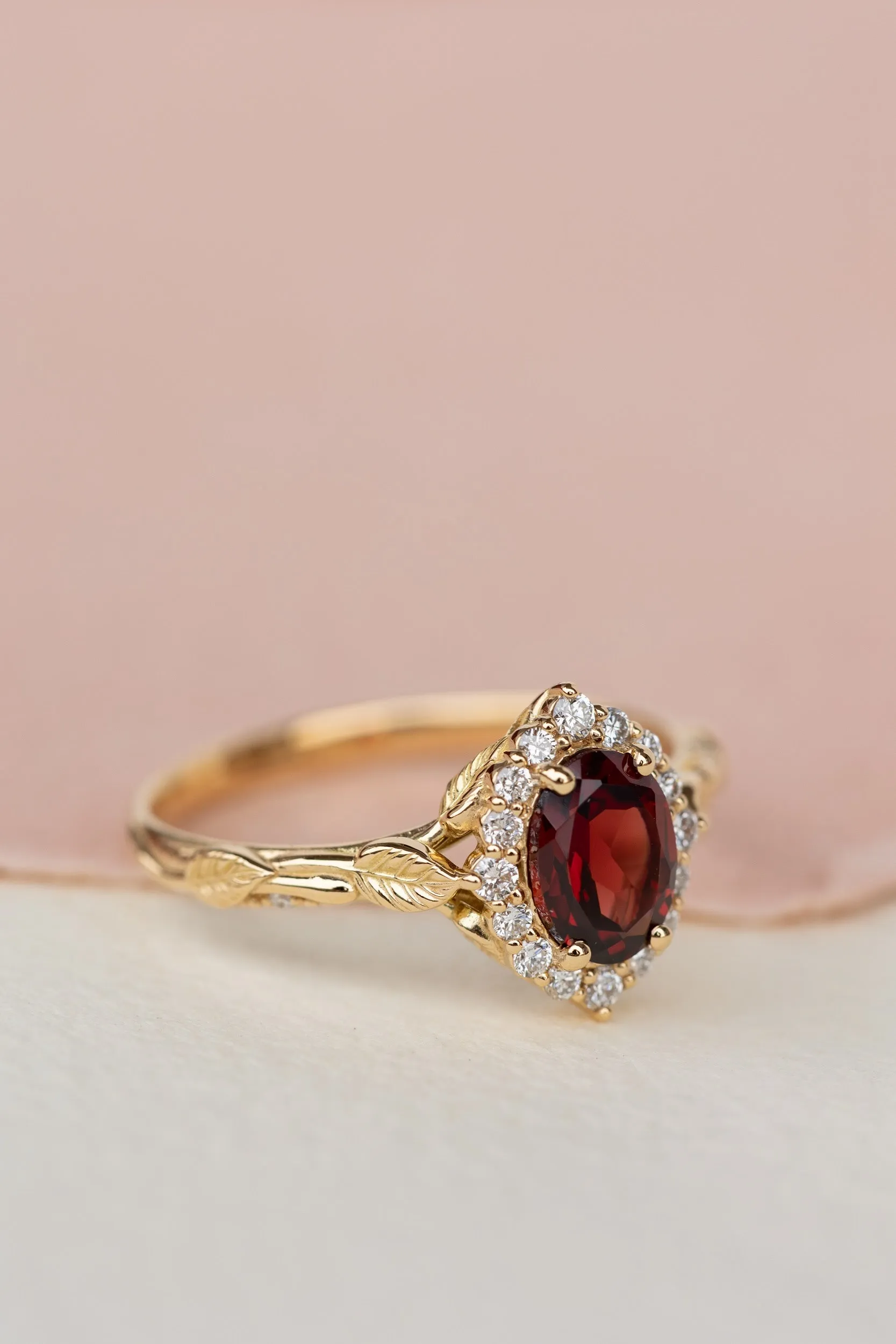 Oval garnet engagement ring with diamond halo, solid gold leaf ring / Florentina