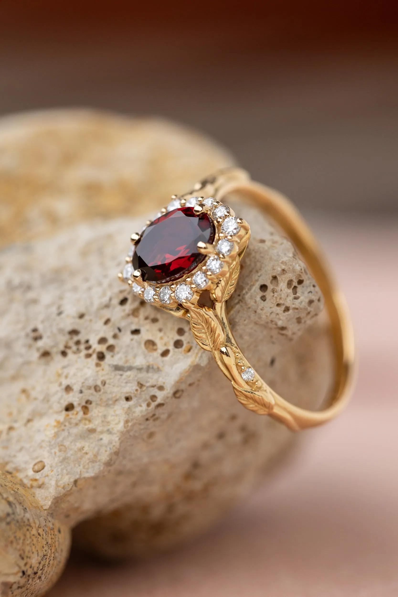 Oval garnet engagement ring with diamond halo, solid gold leaf ring / Florentina