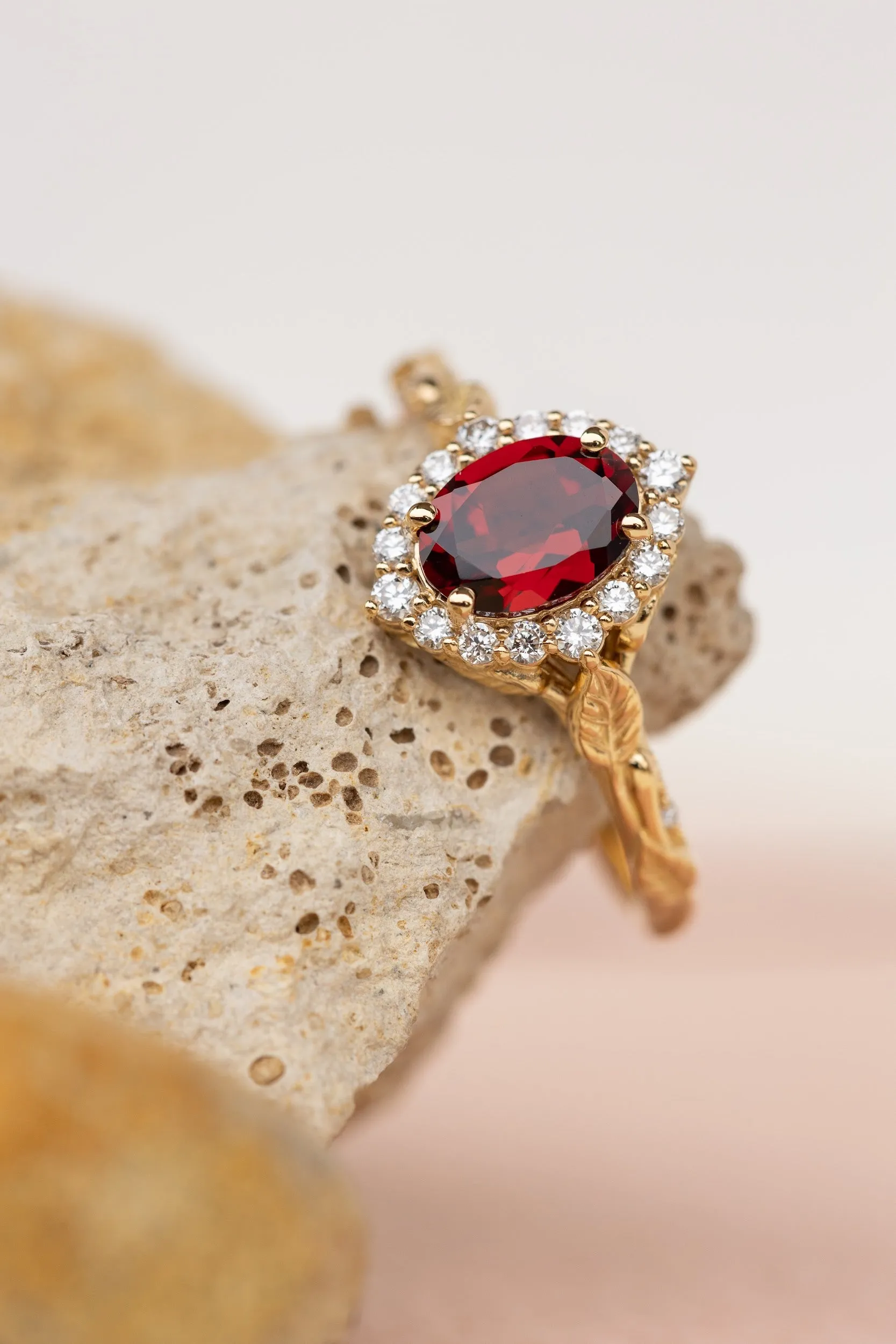 Oval garnet engagement ring with diamond halo, solid gold leaf ring / Florentina