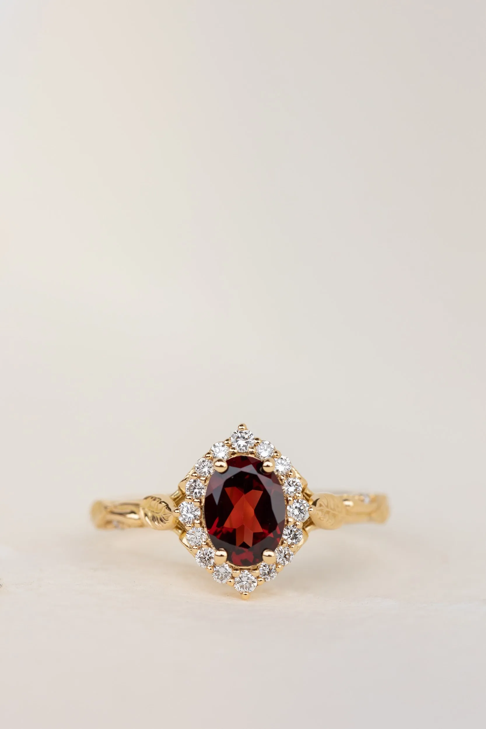 Oval garnet engagement ring with diamond halo, solid gold leaf ring / Florentina