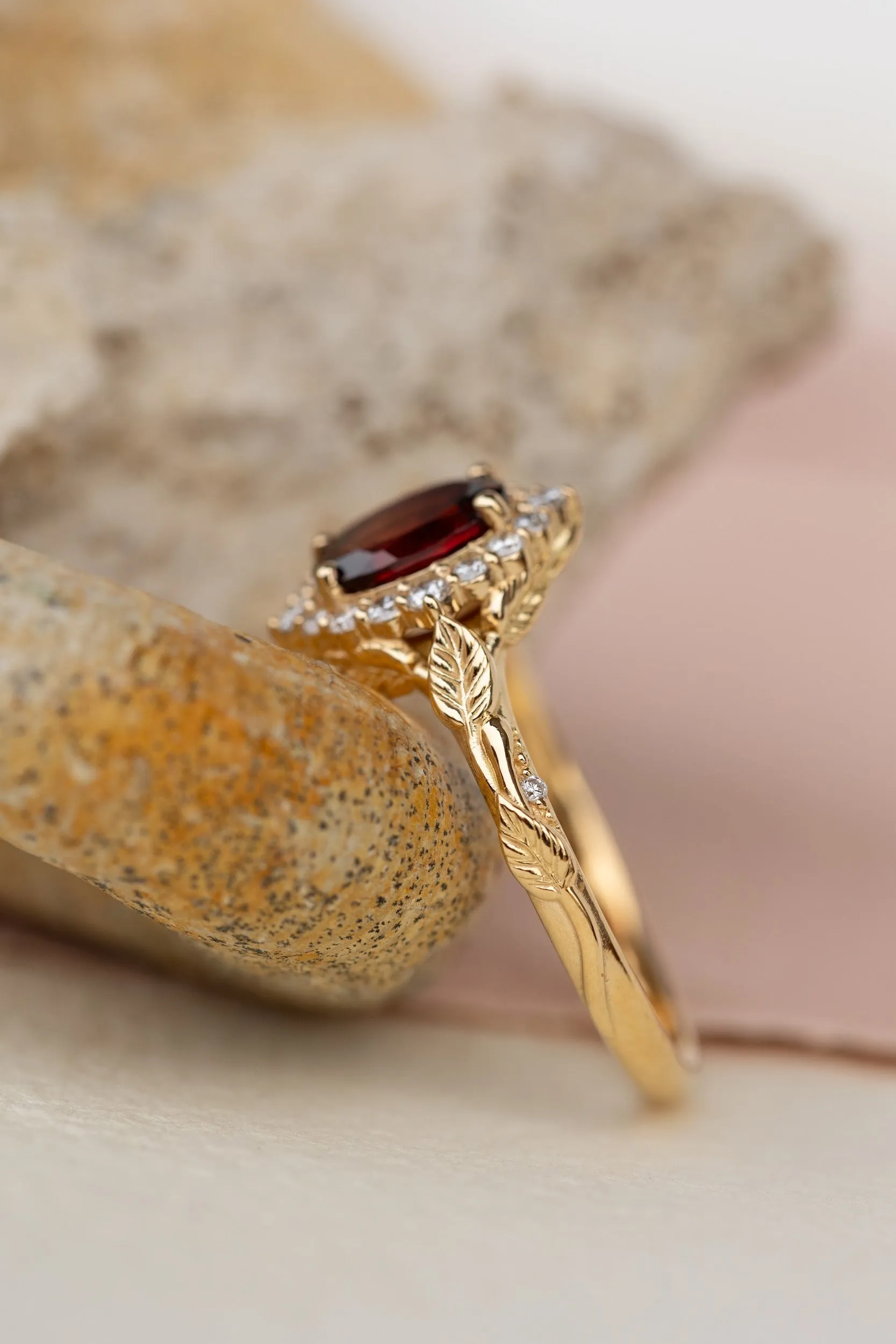 Oval garnet engagement ring with diamond halo, solid gold leaf ring / Florentina