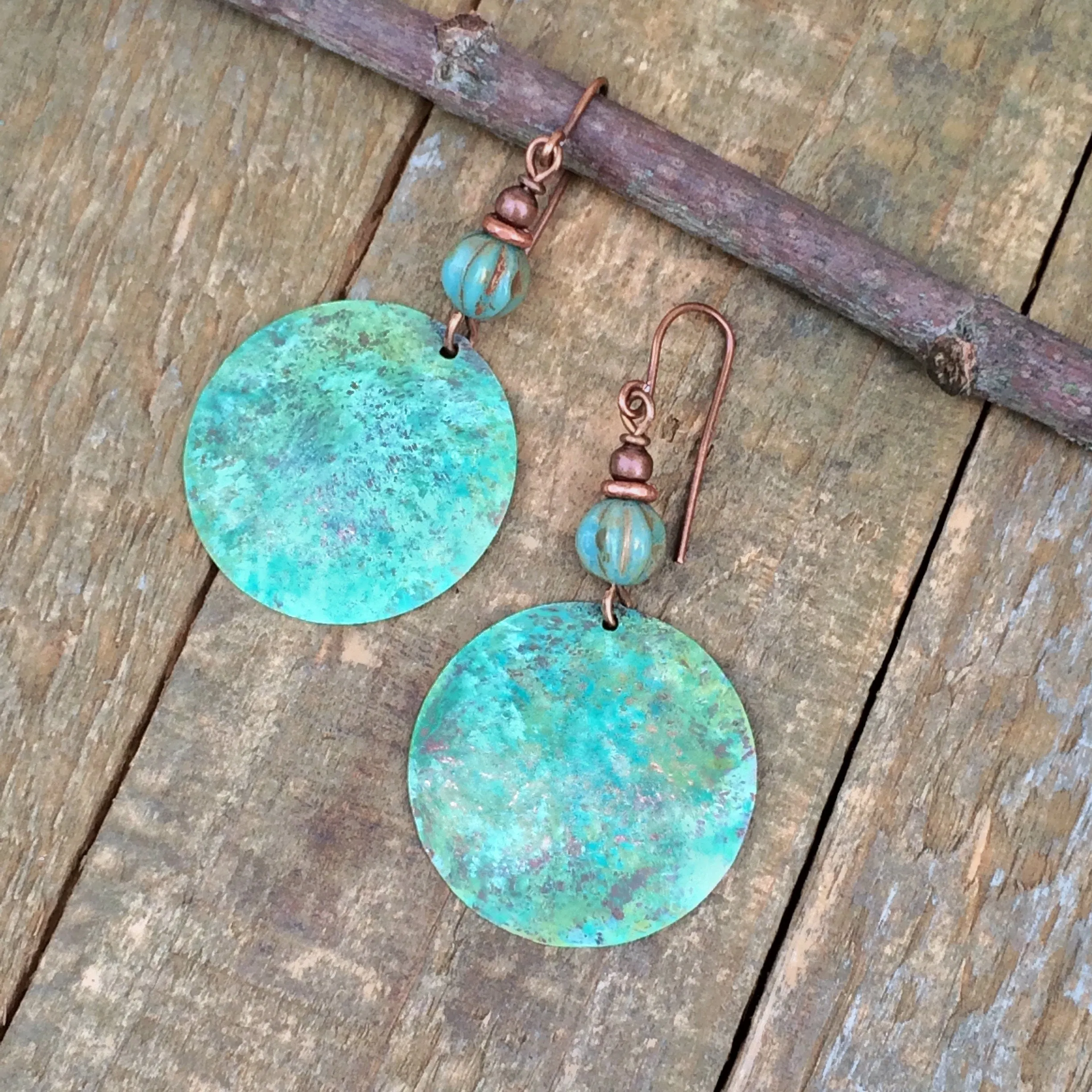 Patina Copper Earrings, Hammered Copper Earrings, Blue Green Patina Jewelry, Southwestern Jewelry, Copper Jewelry, Patina Dangle Earrings