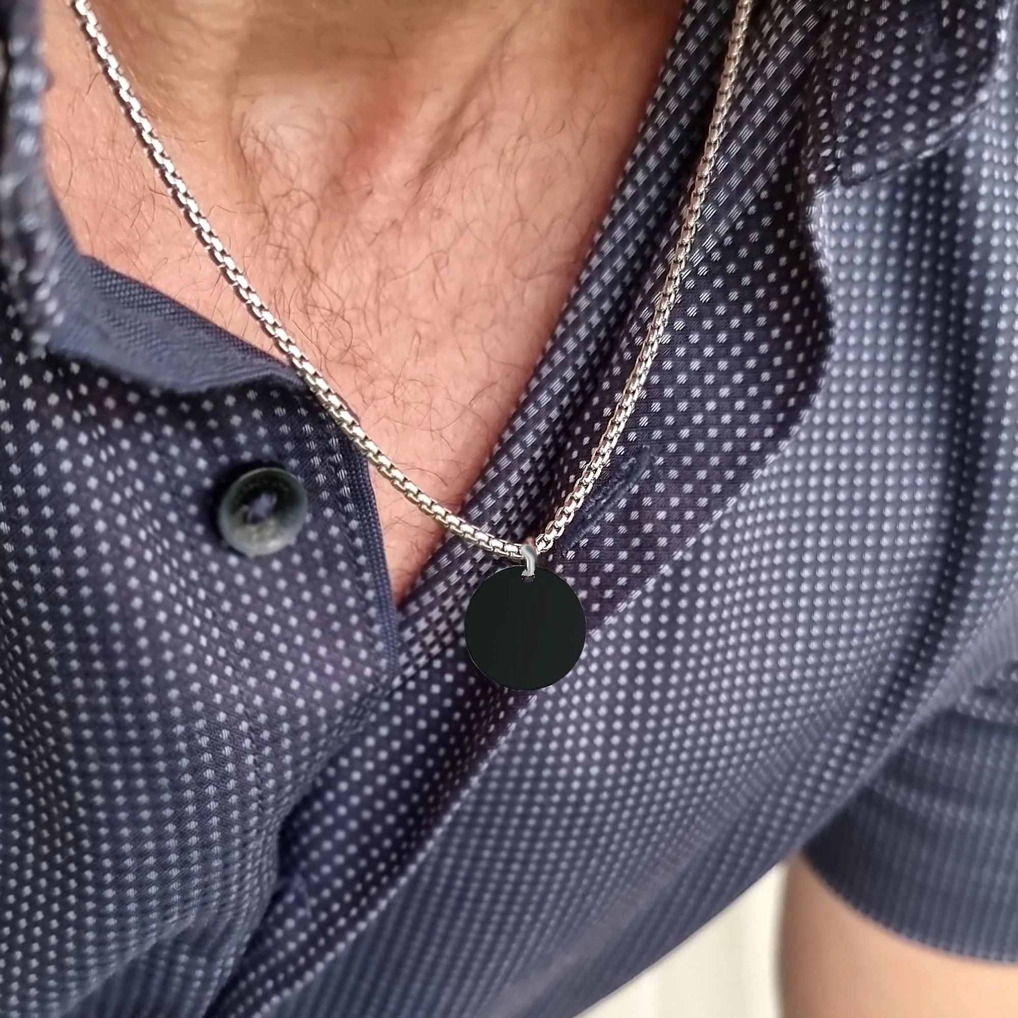 Personalized Mens Necklace - Black Round Pendant - Custom Engraving