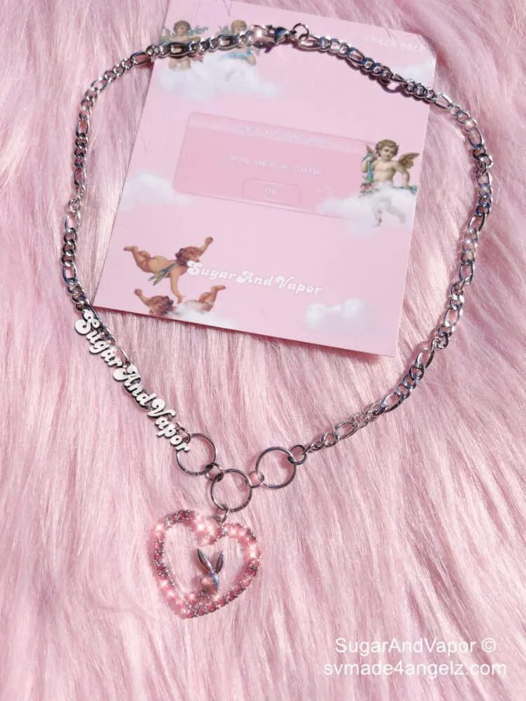 Pink Rhinestones Heart Bunny Choker Necklace