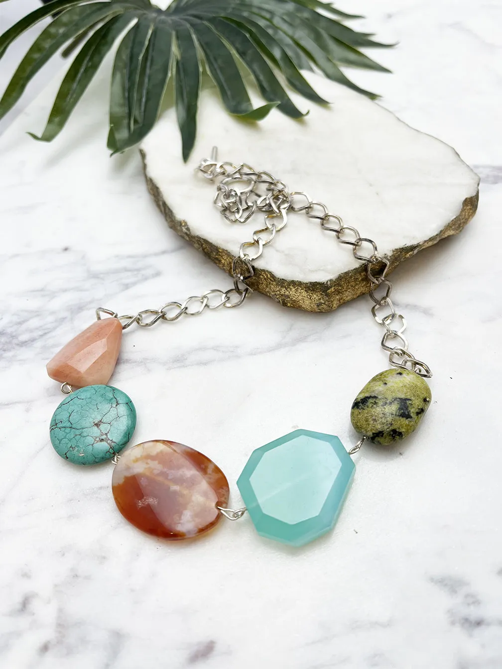 quintet necklace - turquoise howlite and peach aventurine